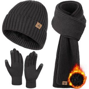 Men's Dark Heather Ash 3 PCS Set Winter Warm Beanie Hat Long Knit Scarf Gloves